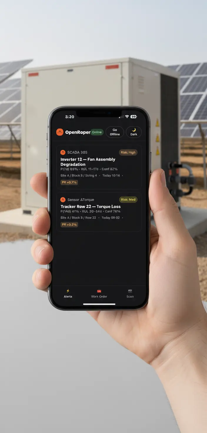 Concept of OpenRoper handheld field assistant over a solar array
